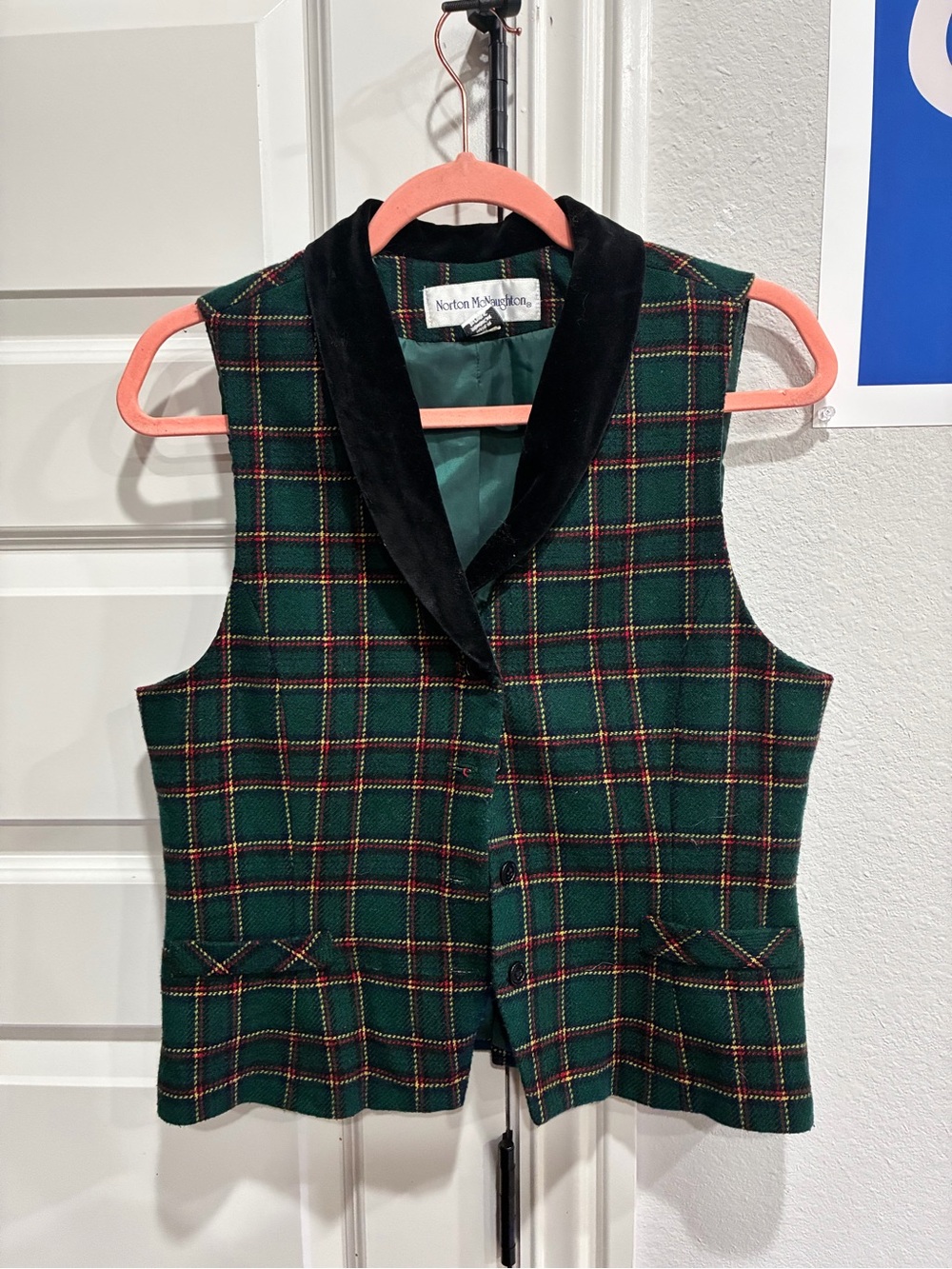 Norton McNaughton Green Plaid Vest with Black Velvet Collar